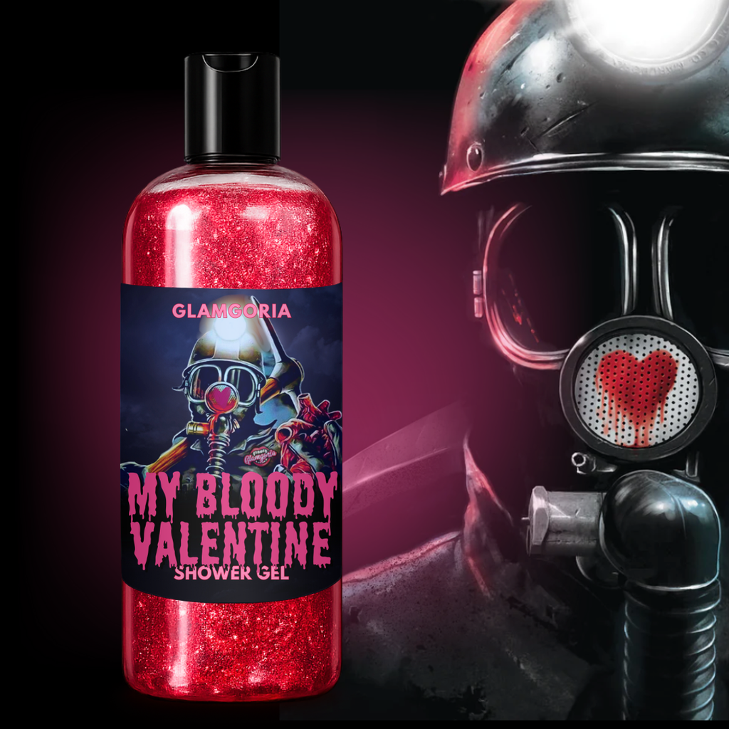 Red glittery shower gel bottle with 'My Bloody Valentine' text next to a gas mask with a heart design on a dark background.