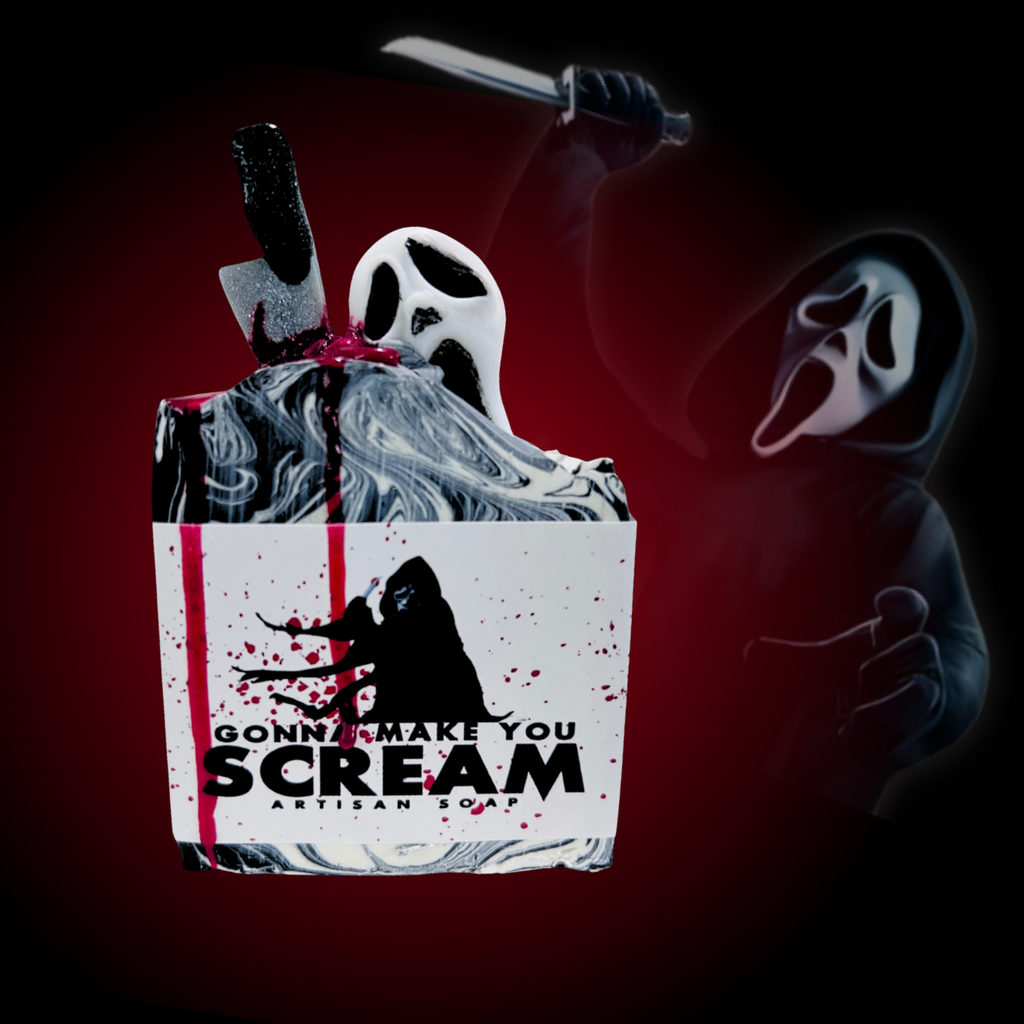 Black and white artisan bar soap with red splatter details and a ghostface-inspired sculpted top labeled “Gonna Make You Scream.”