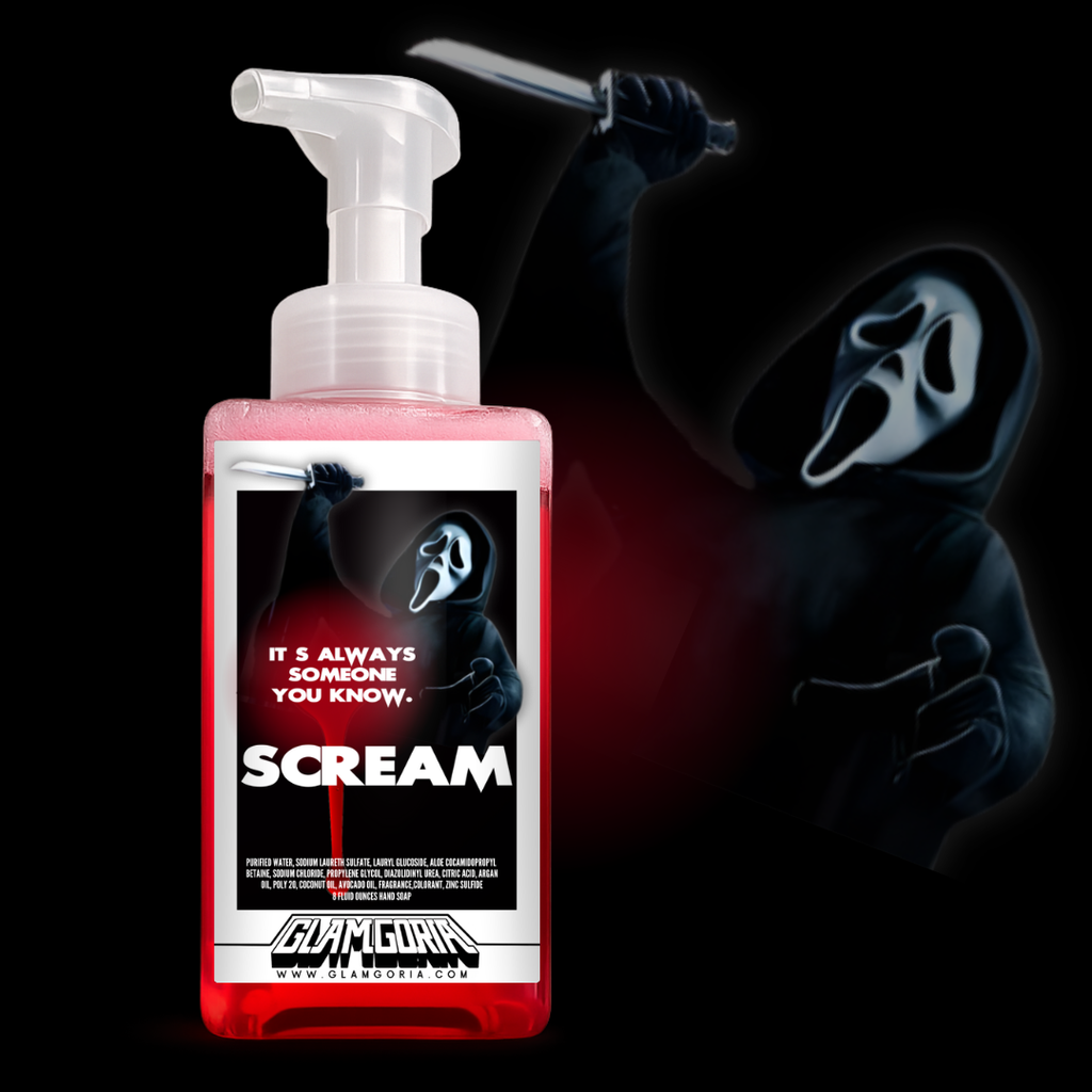 Clear pump bottle filled with bright red foaming hand soap labeled “SCREAM,” featuring a hooded ghostface-style figure holding a knife on a black background.