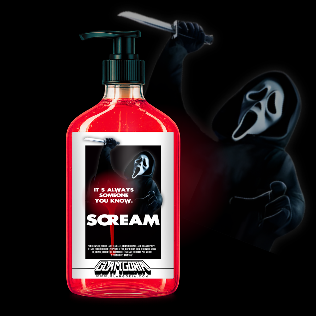 Clear pump bottle filled with bright red gel hand soap labeled “SCREAM,” featuring a hooded ghostface-style figure holding a knife on a black background.
