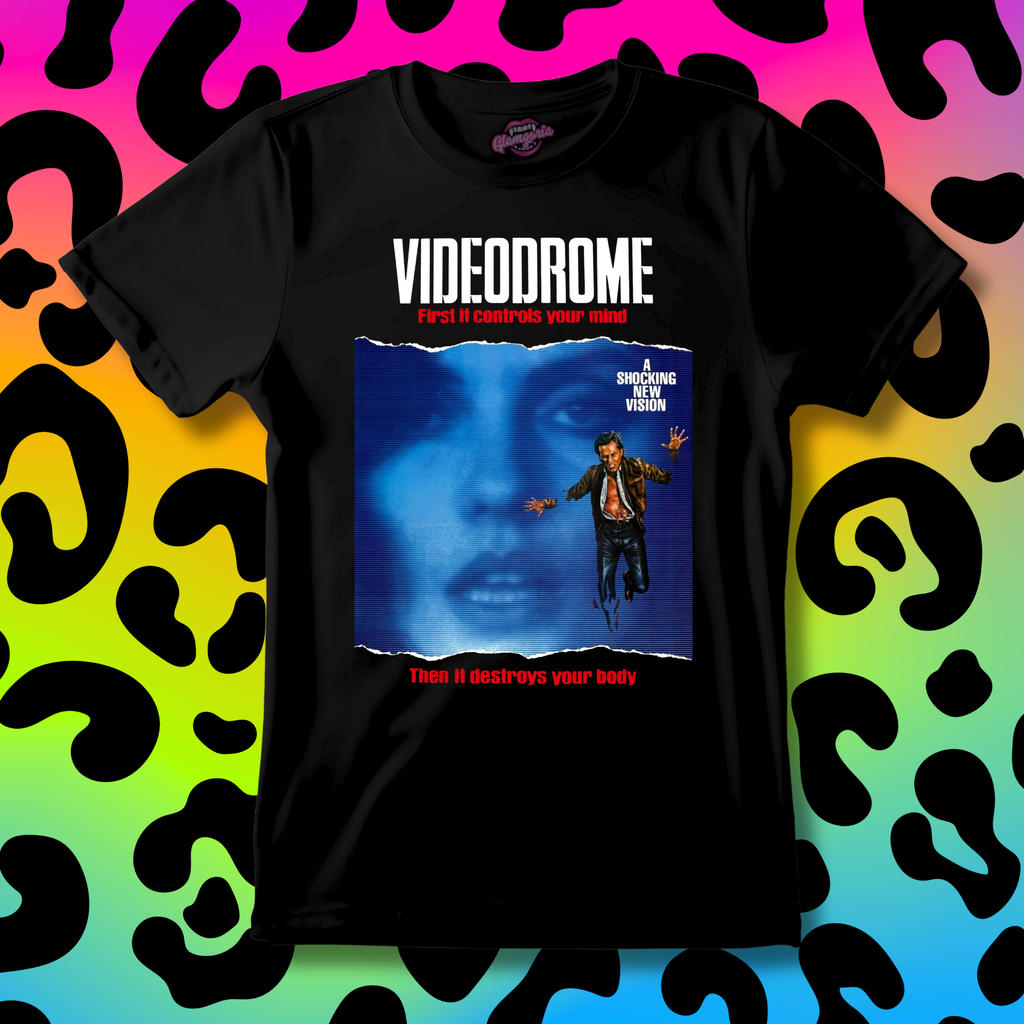 Black t-shirt with 'Videodrome' graphic design on a colorful abstract background