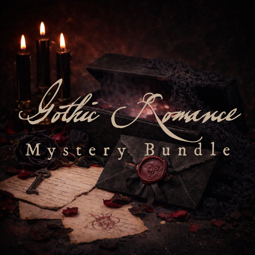 Gothic romance mystery bundle featuring a black wax-sealed envelope, antique letters, dried roses, candlelight, and a coffin-style box with the text “Gothic Romance Mystery Bundle.”
