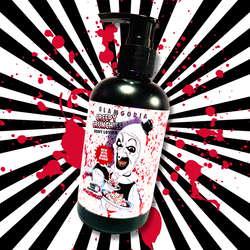 Pump bottle of Glamgoria’s Creepy Crunchies Body Lotion with creepy clown-inspired label, set against a striped horror-style blood-splatter background.