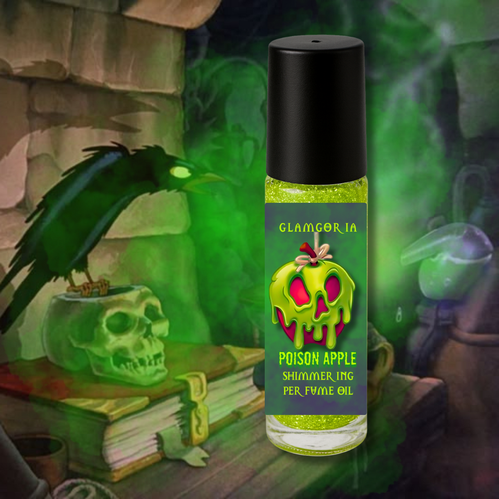 Poison Apple shimmering perfume oil in a roll-on bottle with neon green glitter and poison apple skull label by Glamgoria
