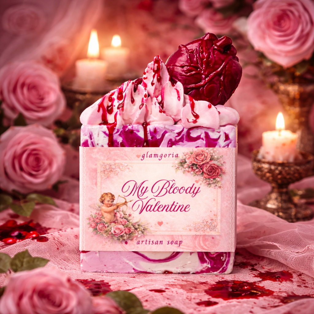 Square product image of Glamgoria’s My Bloody Valentine artisan soap featuring pink and red marbled soap topped with whipped frosting, dripping red details, and a bloody anatomical heart, styled with roses and candlelight in a gothic romantic setting.
