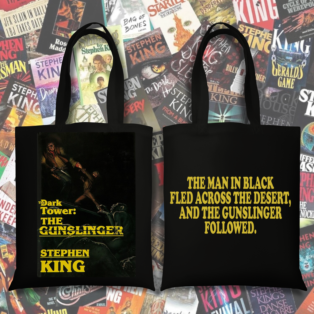 Black tote featuring The Dark Tower: The Gunslinger inspired artwork and the opening line quote on the reverse side.
