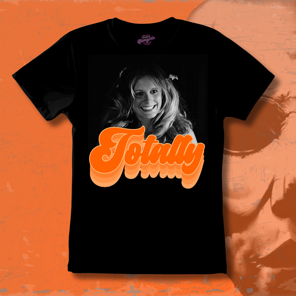 Black t-shirt with a graphic of a woman's face and 'Totally' text on an orange background
