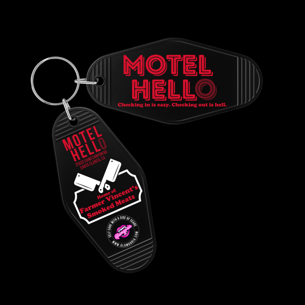 retro motel-style keychain with “Motel Hell” text.