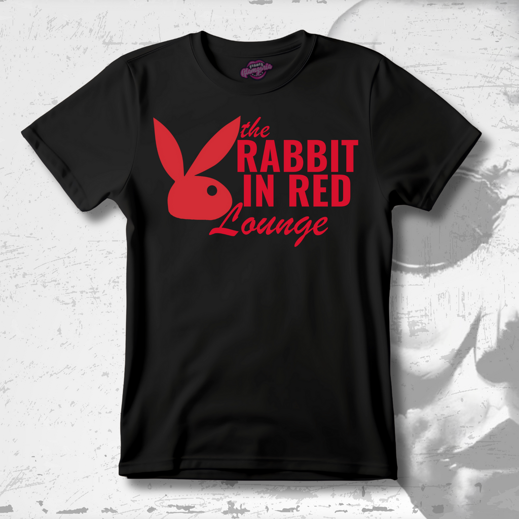 Black cotton T-shirt featuring Glamgoria’s original Rabbit in Red Lounge design in red text with a stylized rabbit logo, inspired by Halloween (1978).