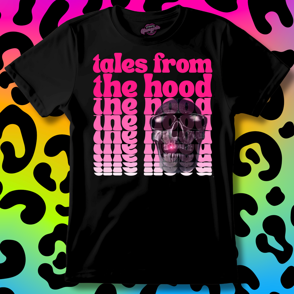 Black t-shirt with pink and white text and skull graphic on a multicolored abstract background