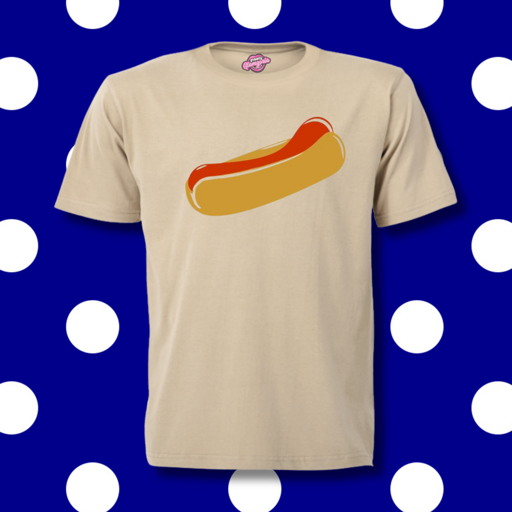Replica Captain Spaulding T-shirt featuring a cartoon-style hot dog with ketchup on a beige shirt, inspired by House of 1000 Corpses.