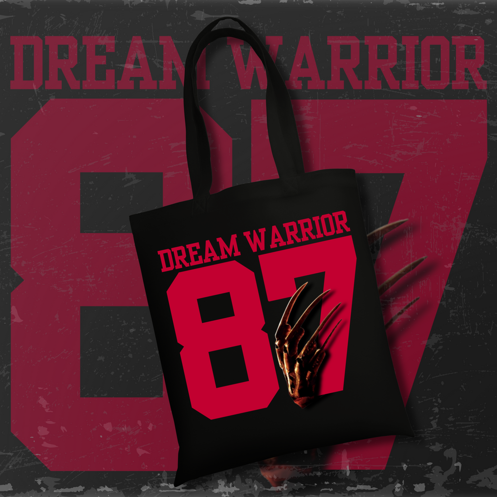 Black cotton tote bag featuring Glamgoria’s original Dream Warrior ‘87 design inspired by A Nightmare on Elm Street 3.