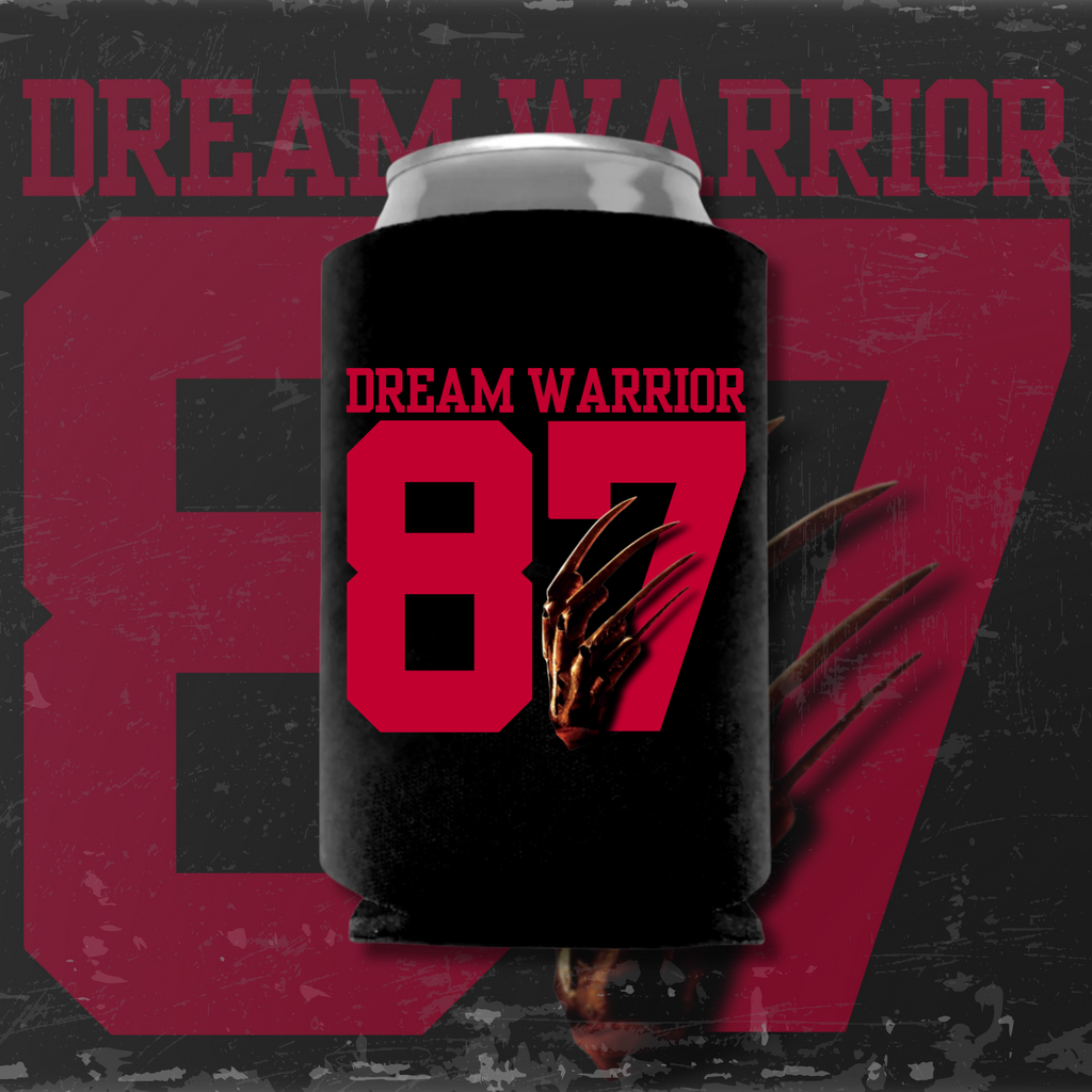 Black koozie featuring Glamgoria’s original Dream Warrior ‘87 design inspired by A Nightmare on Elm Street 3: Dream Warriors.