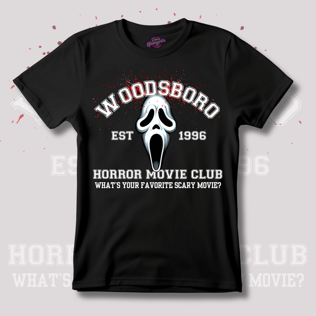 Black T-shirt with “Woodsboro Horror Movie Club” text and horror-inspired design.