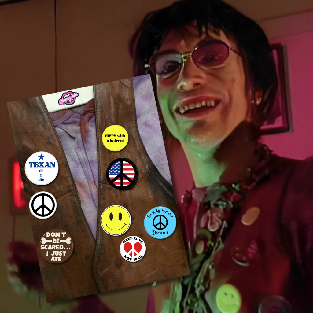 A set of 8 replica pinback buttons styled after Chop Top from Texas Chainsaw Massacre 2, displayed on a brown leather vest. The buttons include peace signs, smiley faces, and vintage-style slogans like “Texan til I die” and “Don’t be scared… I just ate.” A reference image of Chop Top from the film is shown in the background. Perfect for horror cosplay and movie memorabilia collectors.