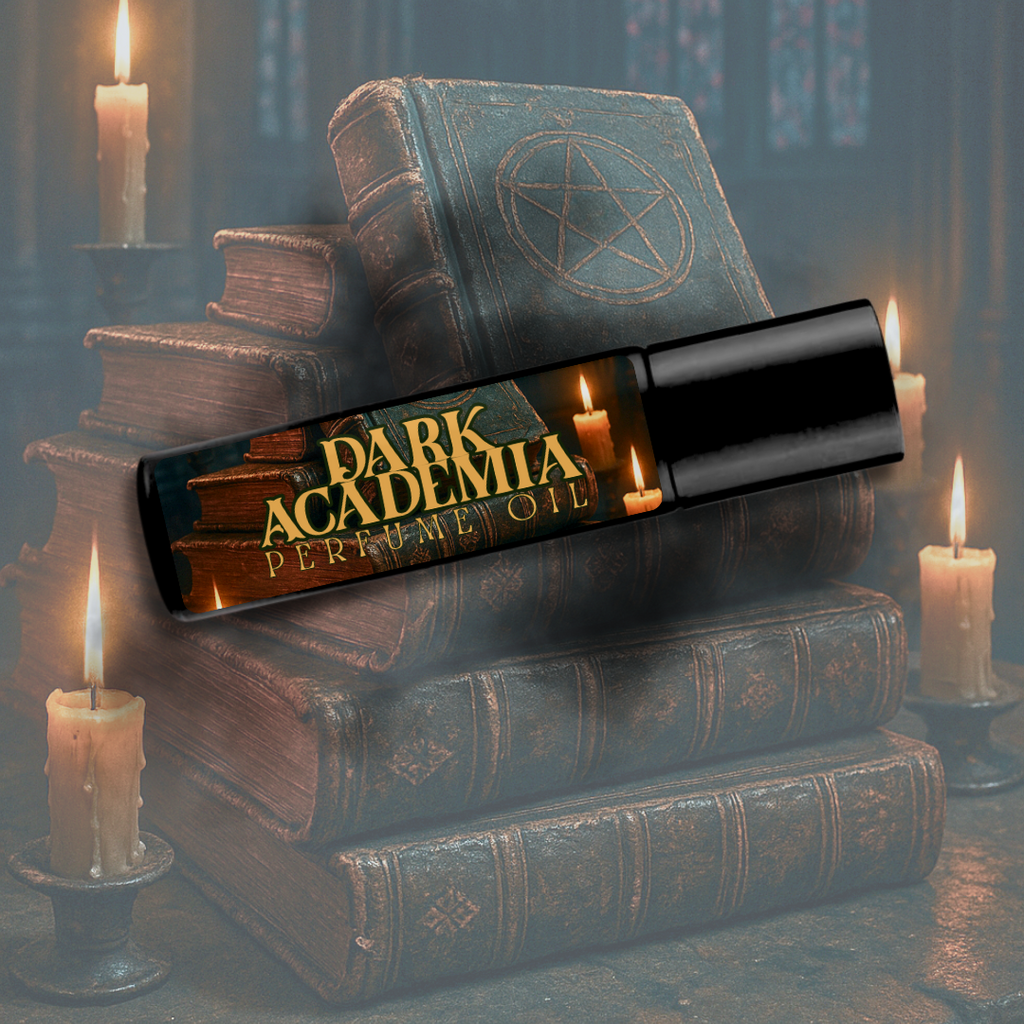 Dark Academia perfume oil in a sleek black bottle with a gothic library design, evoking the scent of old books and sandalwood.