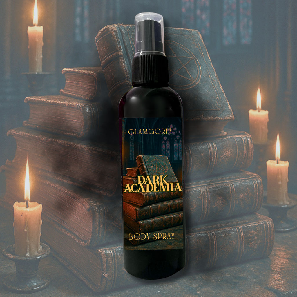 Dark Academia body spray bottle styled with candlelight and antique books, representing the fragrance of cedar, leather, and patchouli.