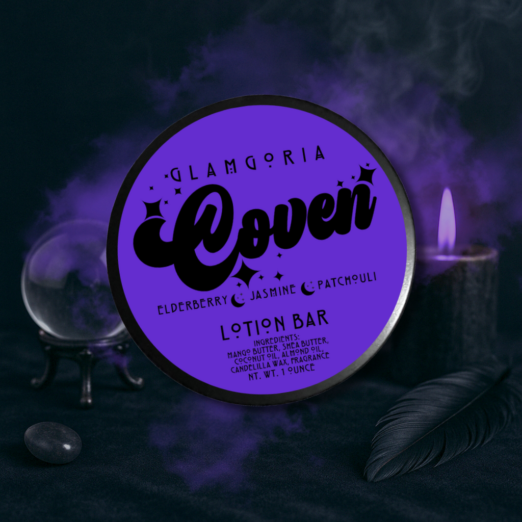 Coven lotion bar label on a dark altar backdrop with crystals and tarot energy.