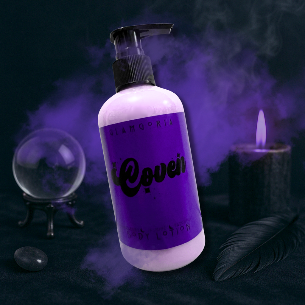 Coven body lotion with purple label, photographed in a witchy glam scene.
