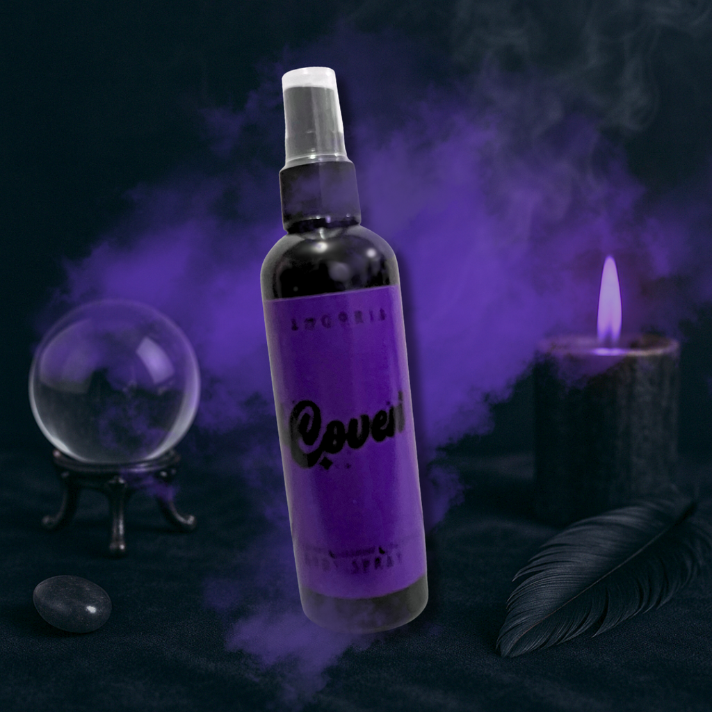 Coven body spray styled with magical props for a dark and enchanting vibe.