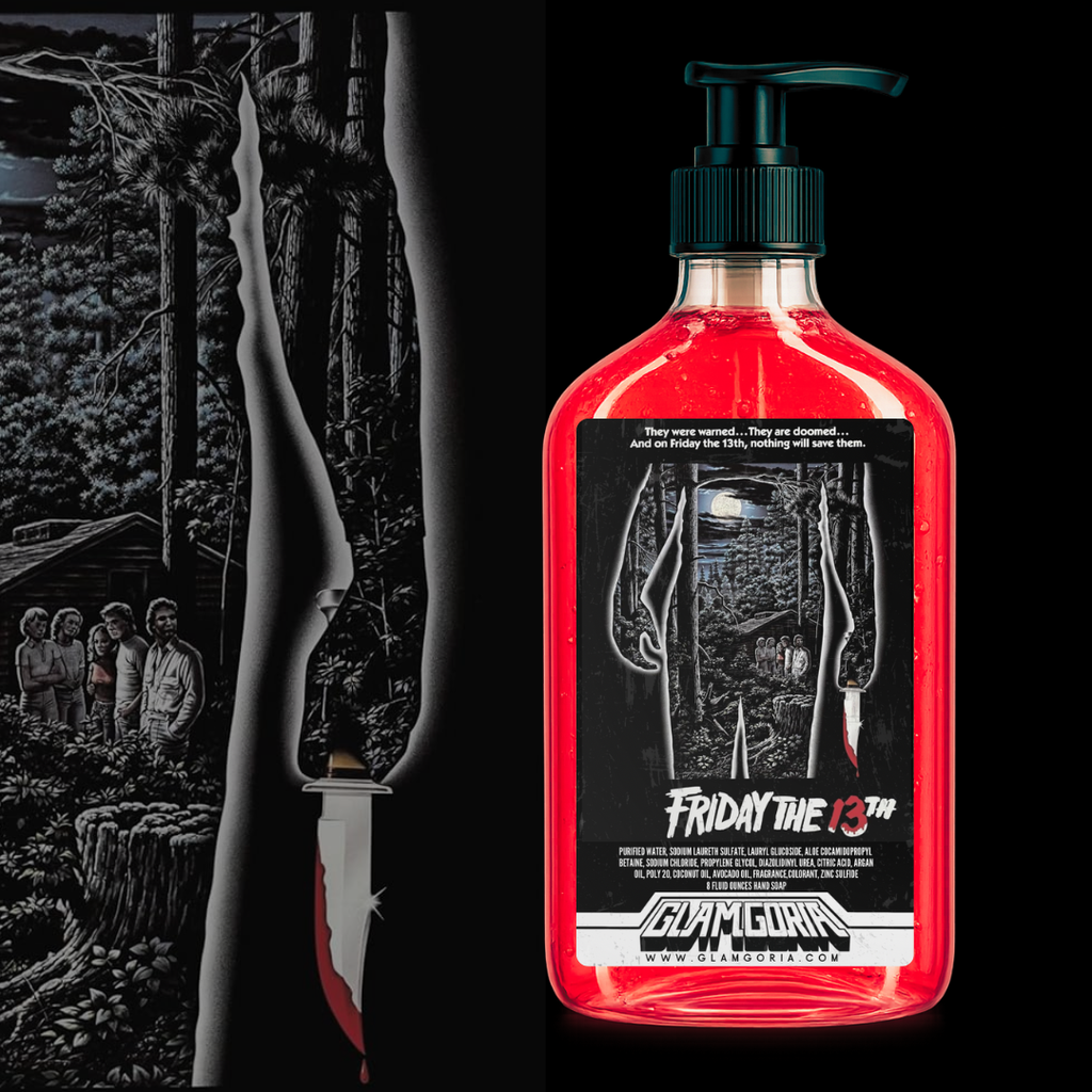 Blood-red Friday the 13th inspired hand soap in a clear pump bottle with a black slasher-style label featuring a forest scene, knife imagery, and horror movie typography on a dark background.
