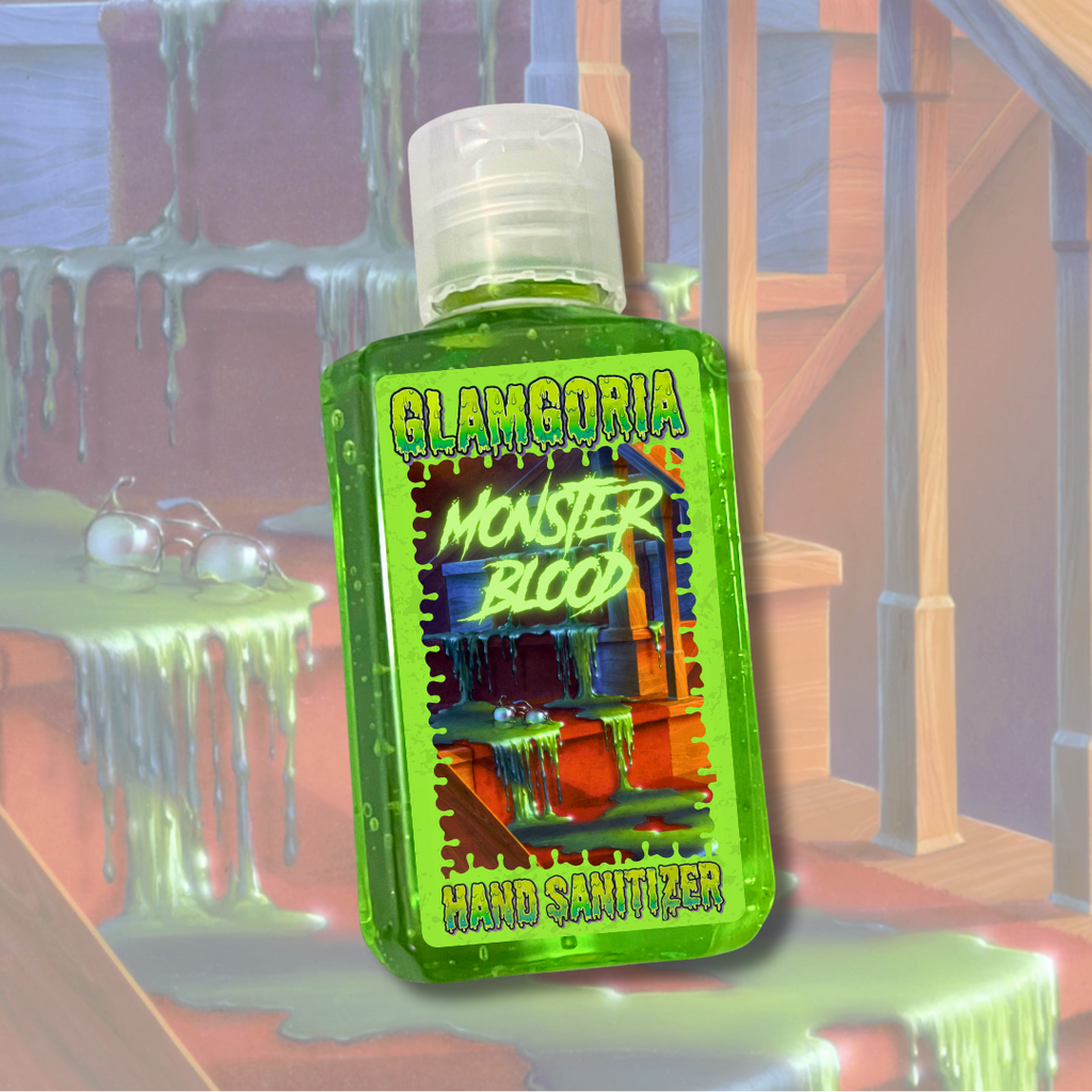 Bright green Glamgoria hand sanitizer labeled “Monster Blood,” inspired by Goosebumps, with slime artwork dripping down stairs.